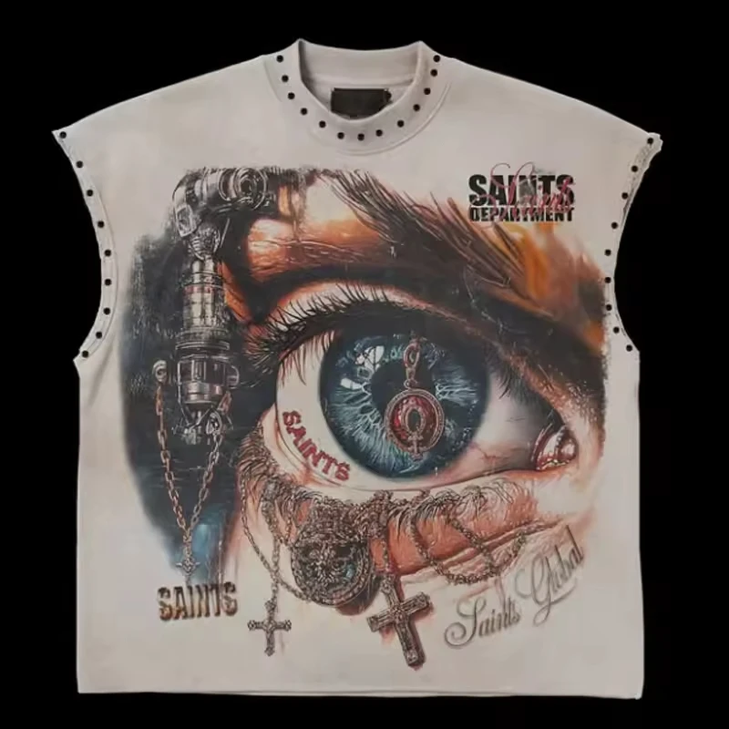 SALATI Custom Cropped Boxy Fit Round Neck Rhinestone Heavyweight Soft Cotton Flare Sleeveless Vest Oversized Gym t Shirt gallery 3