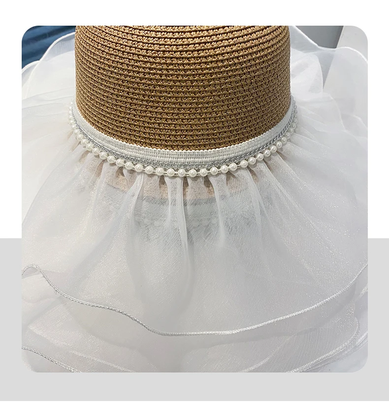 Custom Summer Beach Travel Vacation Straw Hat With Pearl Lace White Gauze Sun protection Sun Hat Straw Hat