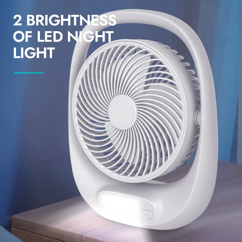 7-Inch Table Desk Fan Light Portable Type-C Rechargeable Fan Home Car Outdoor Use 3 Wind Speed 5V Electric Power Made Plastic