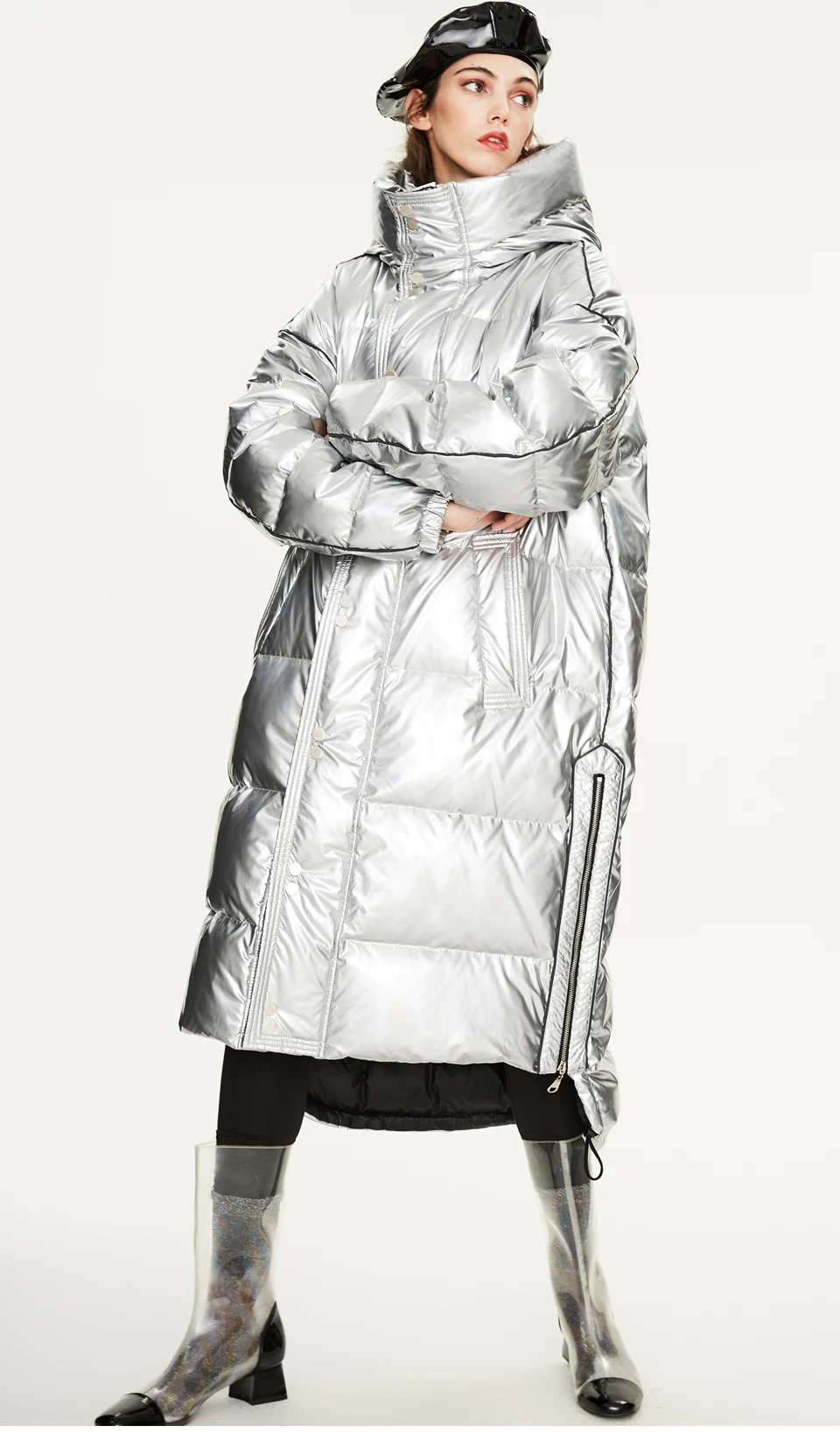 Winter warm silver down jacket women's long thick padded hooded for flash winter jacket men and women the same style