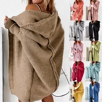 Fall Female Fashion Long Knit Hoodie Mid-length sweaters Coat Fashion Loose Batwing Sleeve Cardigan For Women