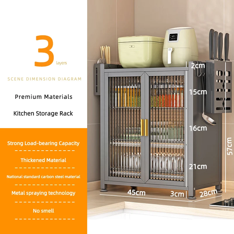 Factory Direct Sale Kitchen Multi-Functional Save Space Storage Cabinet With PVC Door Microwave Oven Tableware Storage Rack