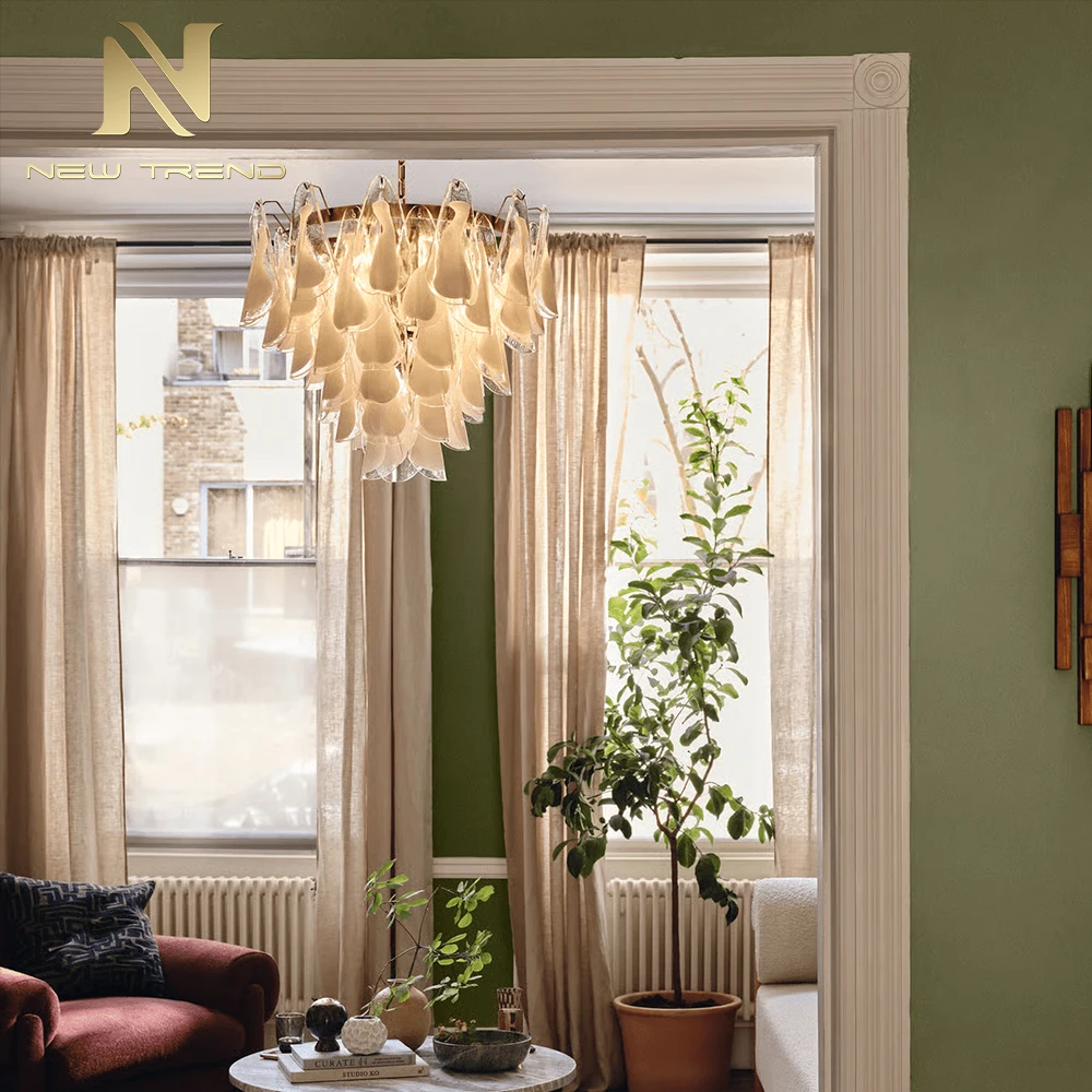 CPL-455 French Vintage Murano Glass Petal Chandelier – Luxury White Floral Pendant Light for Bedroom