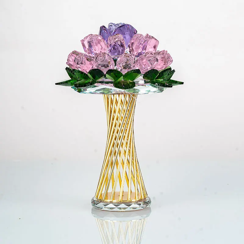 High Quality round Crystal Rose Flower with Carved Technique Metal Base Wedding Decorations Desk Centerpieces Valentine Gifts supplier