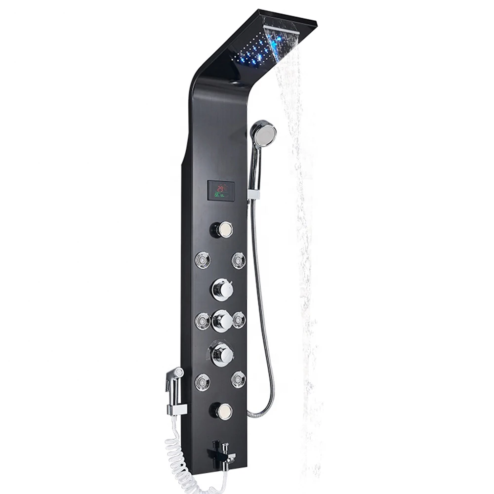 LED Light Shower Faucet Waterfall Rain Black Shower Panel in Wall Shower System with Spa Massage Sprayer Bidet Head Handshower