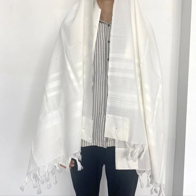 Kosher Certificate Jewish Non-Slip Wool White Prayer Shawl anti slip Textured Wool Tallit with fringe wool white