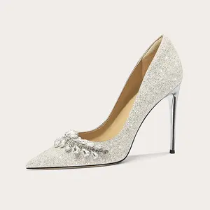 Women's Wedding Party Crystal Pumps Pearls High Heel Bridal Shoes with Pointed Toe Slip-On Rhinestone Fashion Trend Thin Heels