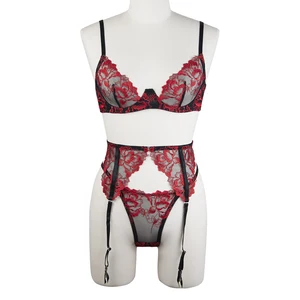 Women Embroidery Lace Bra & Brief Sets Lingerie Factory New Released Bra Panties Garter 3 Pieces Set Push up Ladies Bra