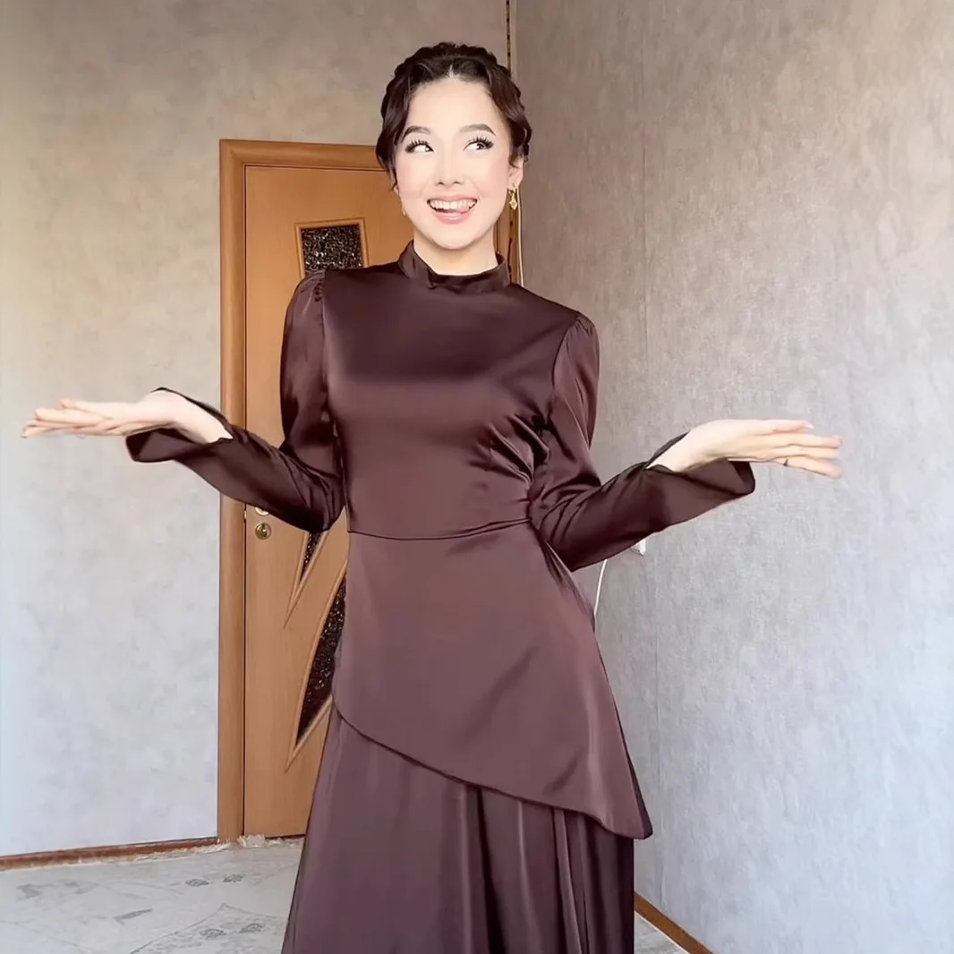 Spring Solid Color Waist Tight Slimming Exotic Long Sleeve Dress