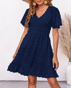 Women's Solid Pattern Summer Dress 2025 V-Neck Short Sleeve Smocked for Swiss Dot Casual Ruffle Mini Beach Vacation Dress