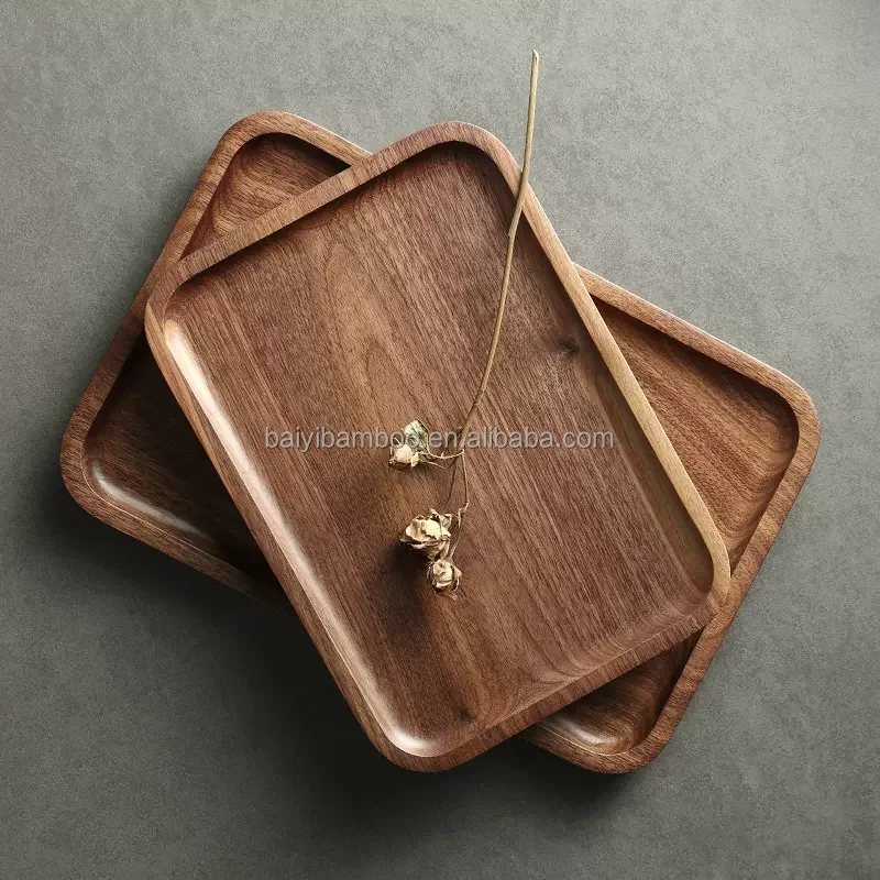Modern Simple Walnut Solid Wooden Storage Serving Tray Handcrafted Breakfast Trays for Kitchen Houseware Use Dishes & Plates