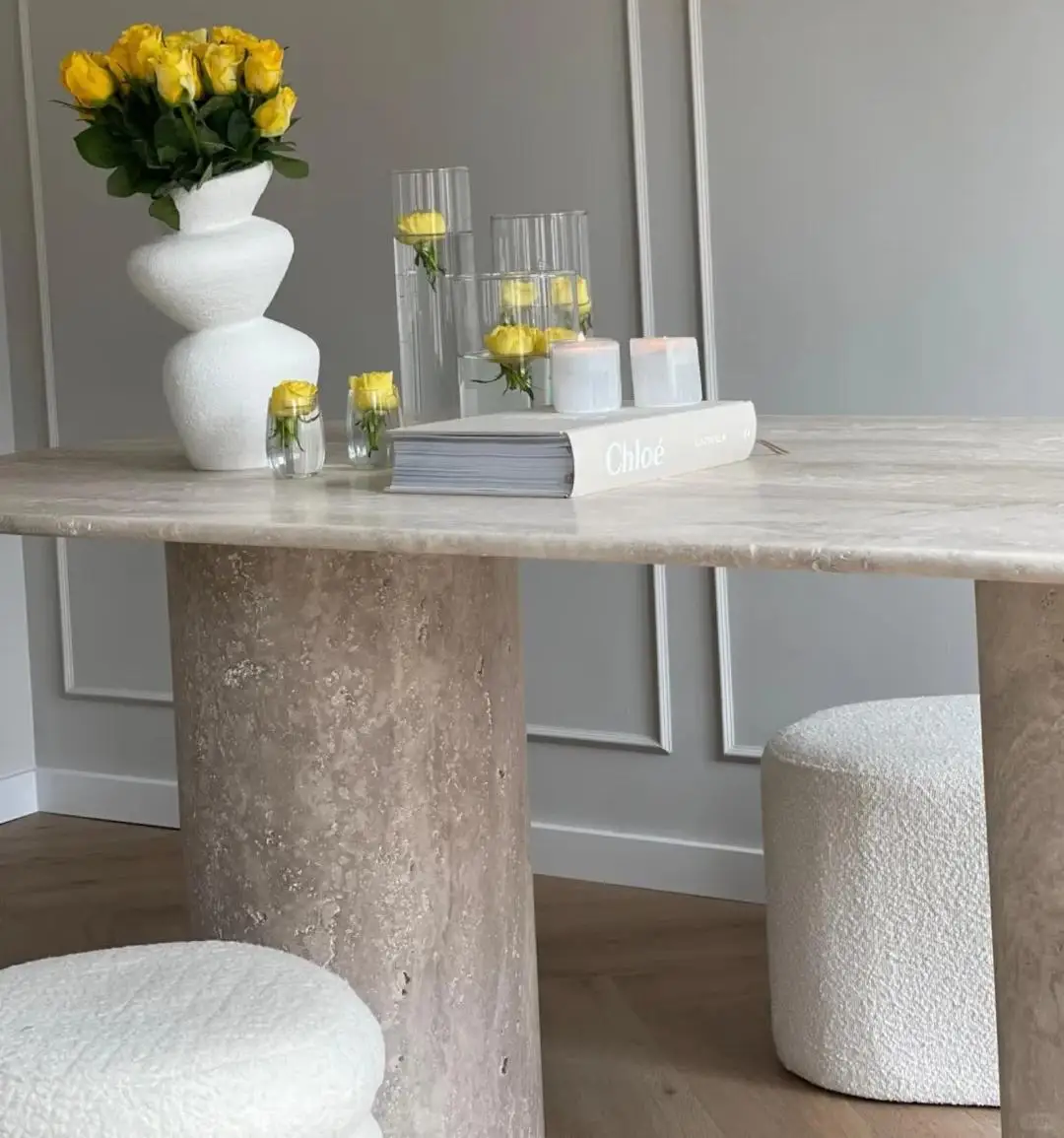 product luxurious custom natural beige travertine dining table handcrafted oval marble-3