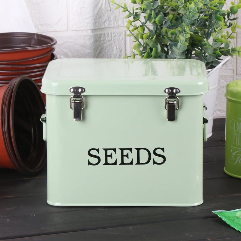 Garden Planting Storage Seed Box Tool Classification with Lock Seeds Storage Container Galvanized Iron Green Seed Tin Box