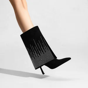 Custom Black Faux Suede Mid-Calf Boots with Pointed Toe & Stiletto Heel Height Increasing Western Fashion for Summer & Autumn