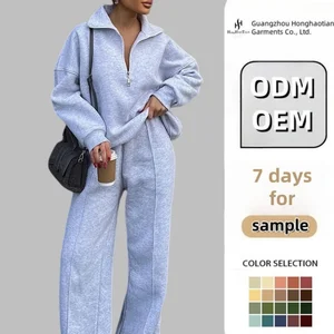 ODM Custom Tracksuits Women Casual Sweatsuit Hoodie Sets Women 2 Piece Set Wide Leg Sweatpants and Half Zip up Sweatshirt Top