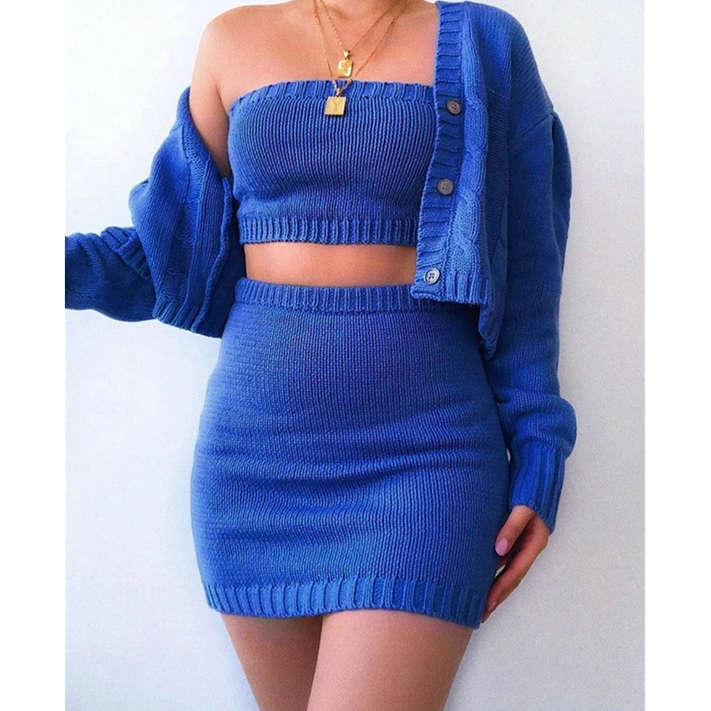 3pcs Women Sexy Knitted Outfits Autumn Winter Solid Tube Crop Top + Mini  Skirt + Long Sleeve Cardigan Sweater Sets - Buy Sweater Sets Women,Sweater  Skirt Set,3 Piece Knit Set Product on