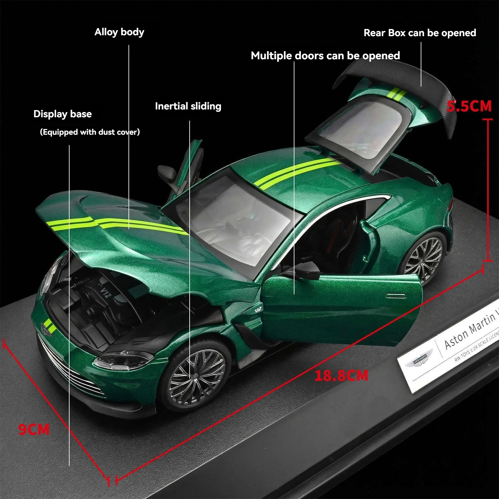 Coche RC Aston Martin Vantage Escala 1:24 – Control Remoto 2.4GHz, Luces LED Y Suspensión, Color Verde