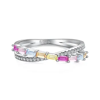 Popular Wholesale Multi Color Cz Birthstone Rainbow Sterling Silver Cz Diamond Eternity Ring for Women