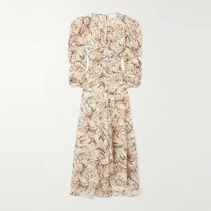 Clothing Manufacturer Spring Autumn  Custom Beige v Neck Long Sleeve Print Elegant Casual Women Midi Dress