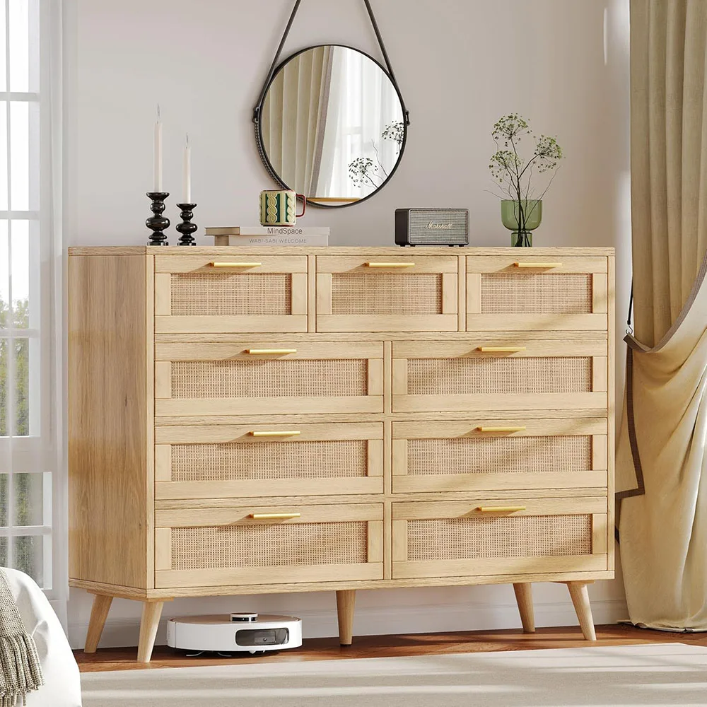 product 9 drawers modern dresser bedroom chest with metal handles wooden storage organizer rattan mdf panel living room hallway natural-2