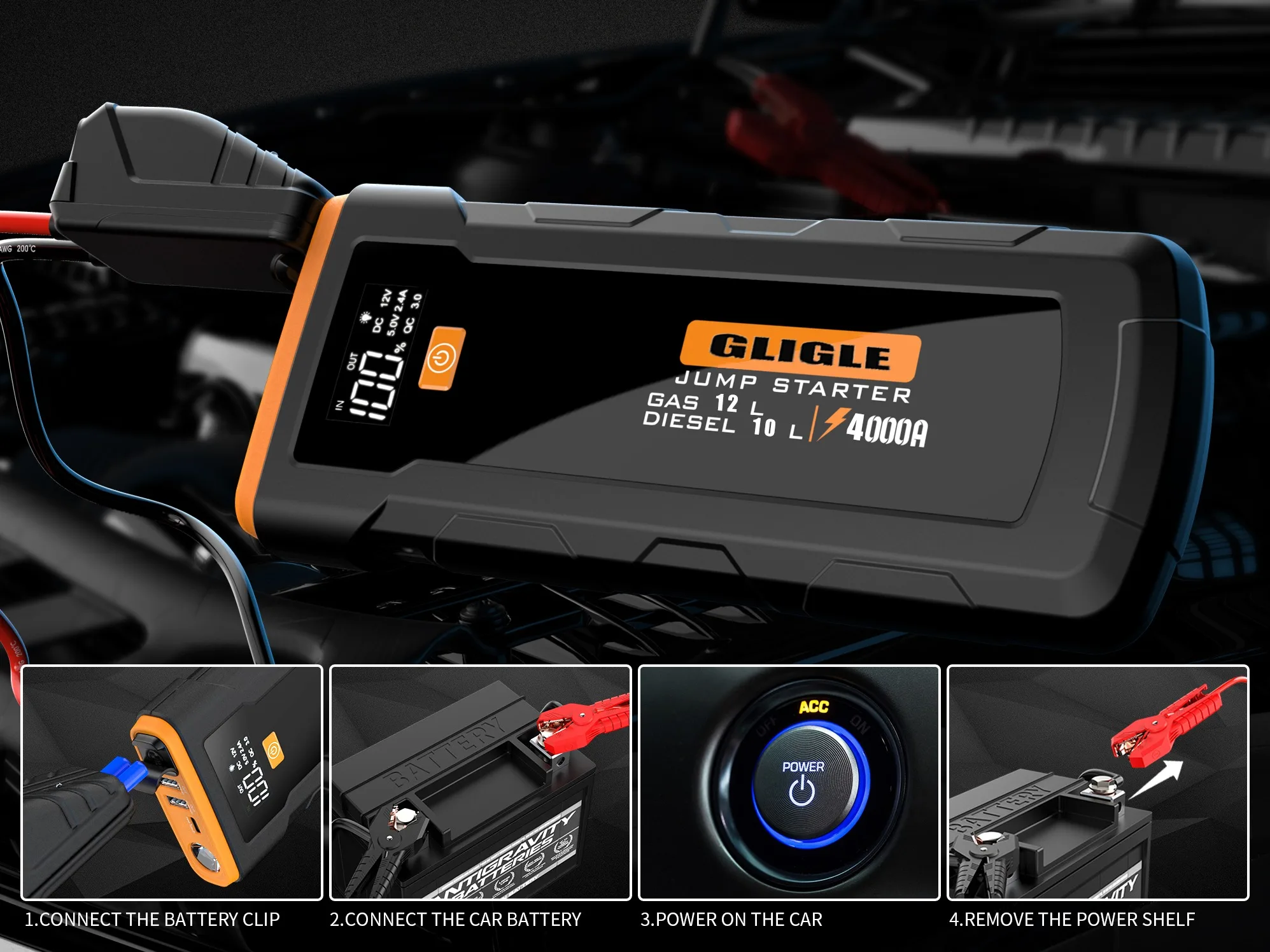 Rugged Geek RG1000 Safety 1000A Portable compact car jump starter