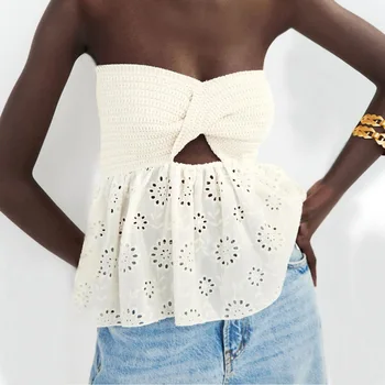 2022 Hot Sale Fashion Sexy Tube Top Casual Shirt Knitted Embroidery Stitching Holiday Women's Blouse