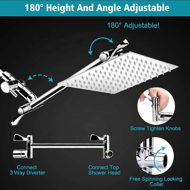 Shower Head With Handheld High Pressure 8 Inch Rain Rainfall Shower Head Combo With 5FT Stainless Steel Hose