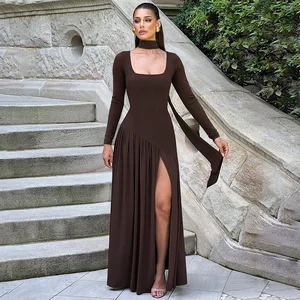 Sexy Contrasting Women Casual Dresses Bulk U-neck Solid Slit Vestidos Largos Elegantes Long Sleeved Vestidos Para Mujer