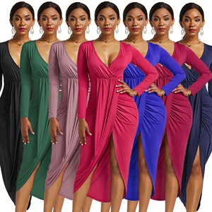 2026 New Arrival Women's Casual Wear Long Sleeve Solid Color Pleated Dress Sexy Tight V-neck Elastic Waist Midi Dress
