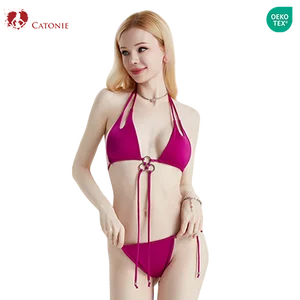 Classic Thin Shoulder Strap High Elasticity Skin-Friendly Purplish Red  Sexy Lingerie Womens Beachwear 2 Set Bikini