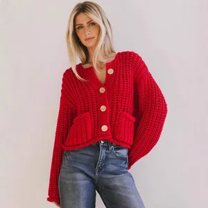 Solid Coarse Needle Sweater Jacket Loose Soft and Lazy Style Knitted Cardigan for Women