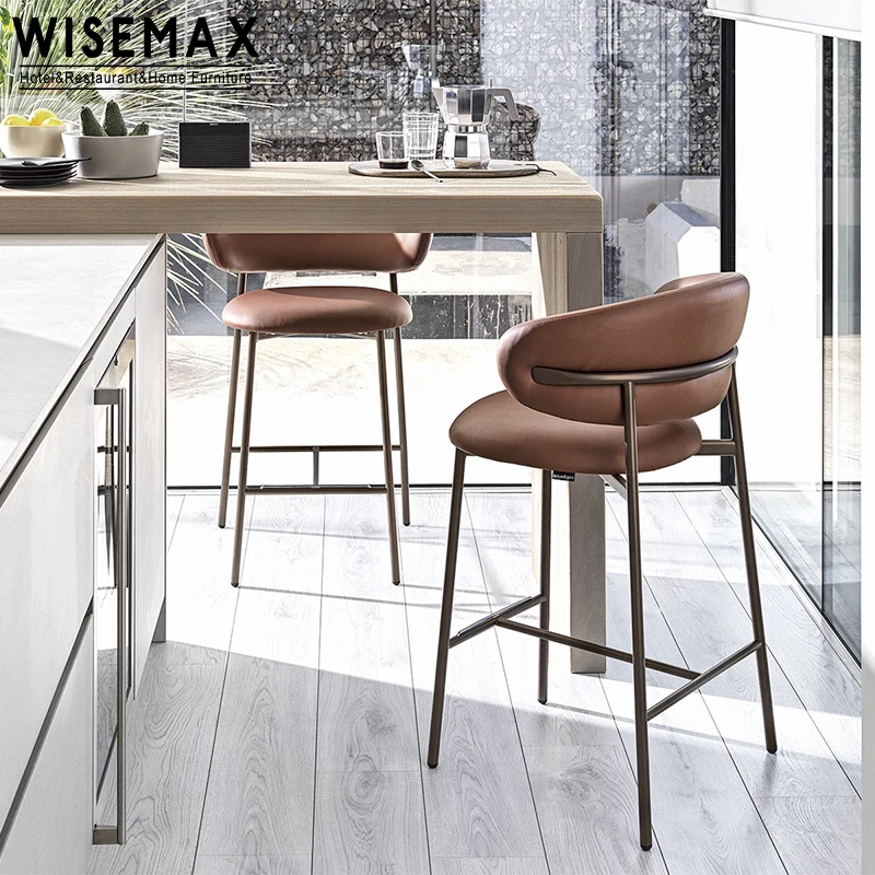 WISEMAX FURNITURE Contemporary Simple Style Bar Stool Metal Legs Fabric High Backrest Counter Chair for Bar Kitchen Island