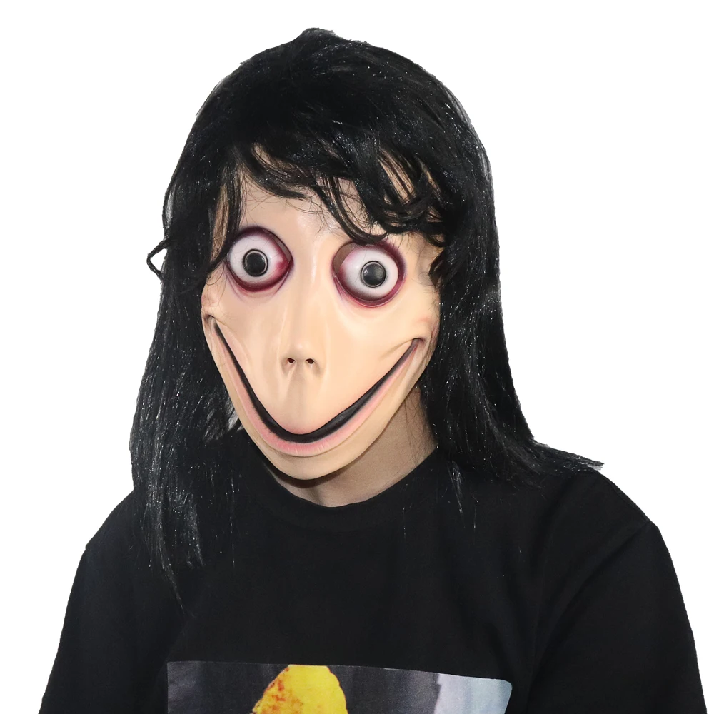 Momo Scary Face Cover Latex Head Cover With Long Hair And Creepy