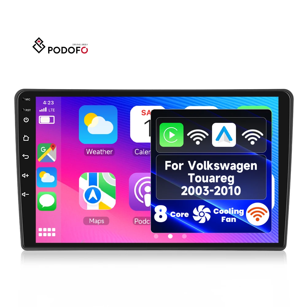 Podofo 9'' 4+64G Qualcomm 8 Core Car Radio for Volkswagen Touareg 2003-2010 Wireless CarPlay/Android Auto WiFi 4G Wholesale OEM