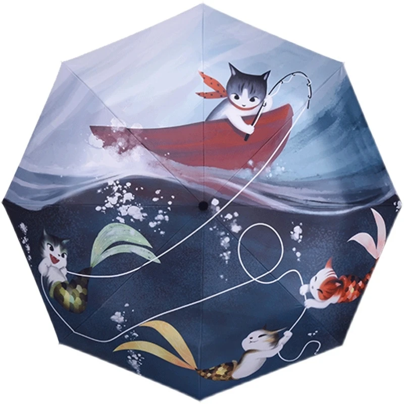 Wholesale Manual Open 3 Fold Cat Umbrella With Design Digital Printing Anime Umbrella Customized Printed Umbrella Regenschirm