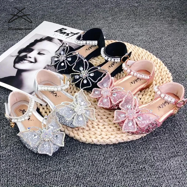 Baby Girls' Beaded Princess Dress Shoes With Buckle Strap Flat Sandals For Party And Fashion In Pink, Silver, Black Pu Material