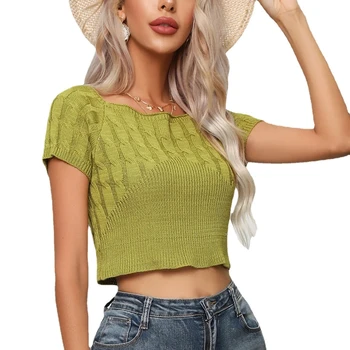 Knit Women's Summer Twisted Flower Dew Umbilical Short Knitted Top Short Sleeve Square Neck Sweater