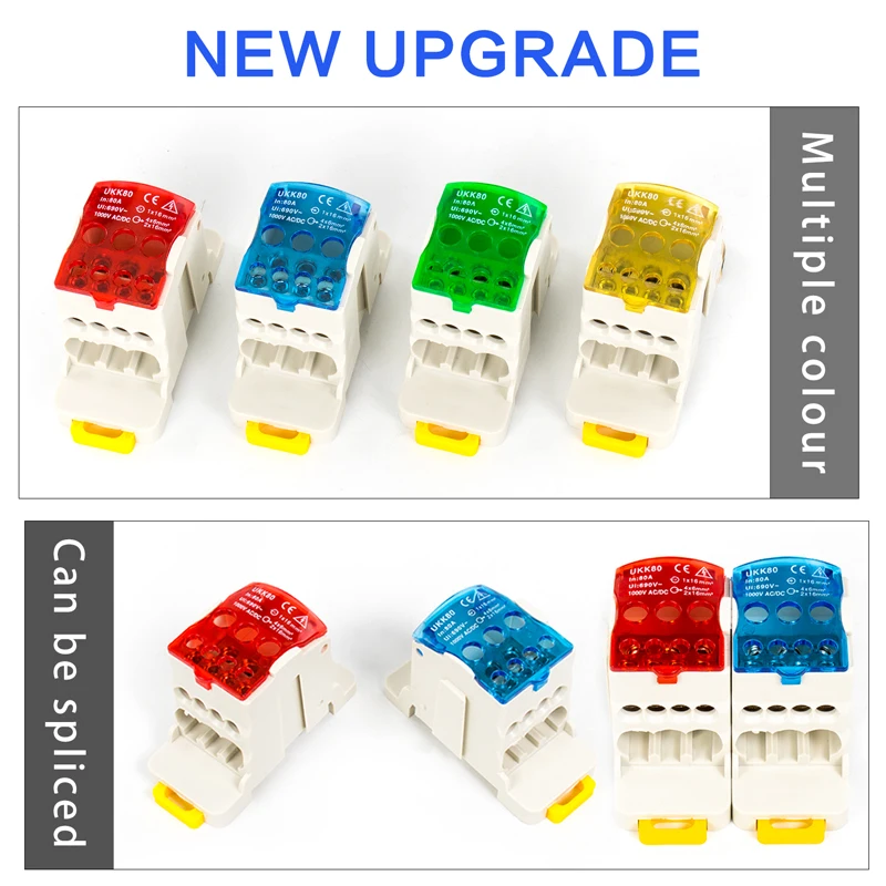 UKK 80A DIN Rail Distribution Terminal Block – 1-in 6-out Junction Box, Transparent Cover, Copper Terminals, For High Voltage Cabinets