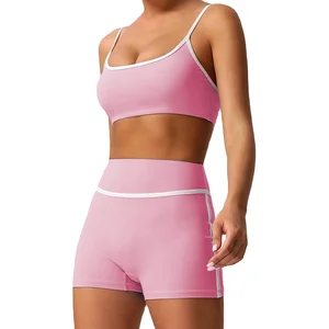 LANGHE Custom High Quality Quick Dry Contrasting Fitness Suit Set Sports Bra with High Waisted Shorts Running Yoga Set