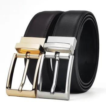 Double side universal Black Genuine Leather Belt Luxury Swivel Golden pin buckle waist belt Fashion Casual men's business Belt