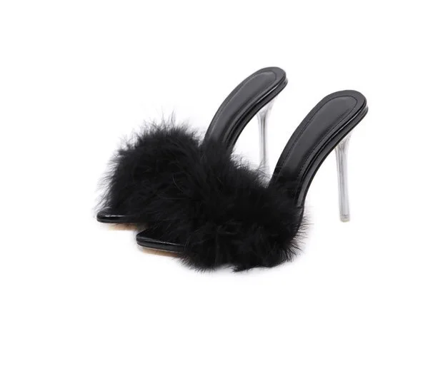 OULLIS 2020 Stiletto Feather Mules Sexy Sandals Fur High Heels