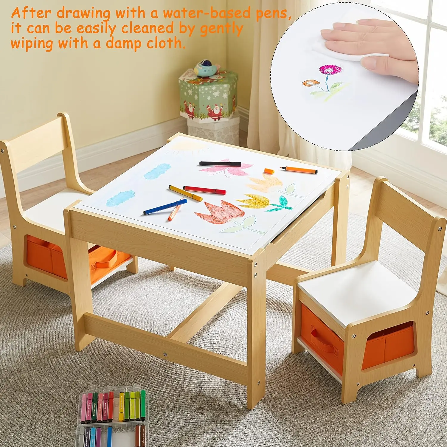 Detachable Sensory Table and Chair Set for Children, 3 in 1 Wooden Toddlers Drawing Table with Storage Drawers
