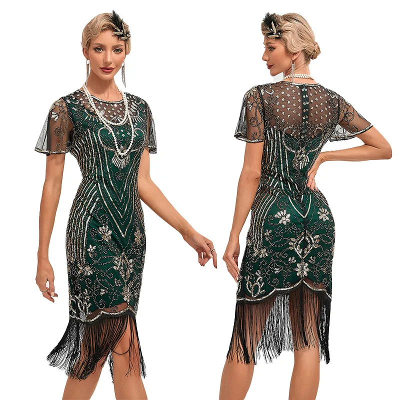slim fit dress slacks BABEYOND Plus Size Half Sleeve Glitter Sequin 1920s Dress, Roaring 20s Flapper Dress, Black / Gold, Size 5XL