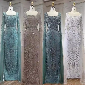 Turquoise Long Sleeves O Neck Muslim Evening Gowns Over Skirt Serene Hill Beaded Party Dresses for Women
