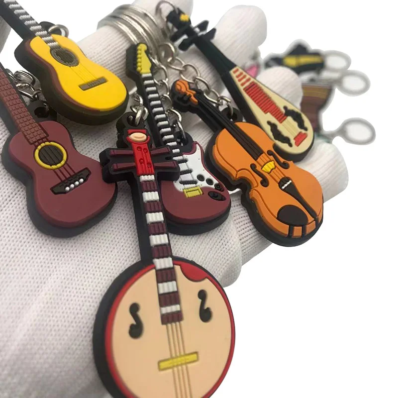 Mini Cartoon Musical Instrument Pvc Keychain 3d Guitar Rubber Keychain in Bulk