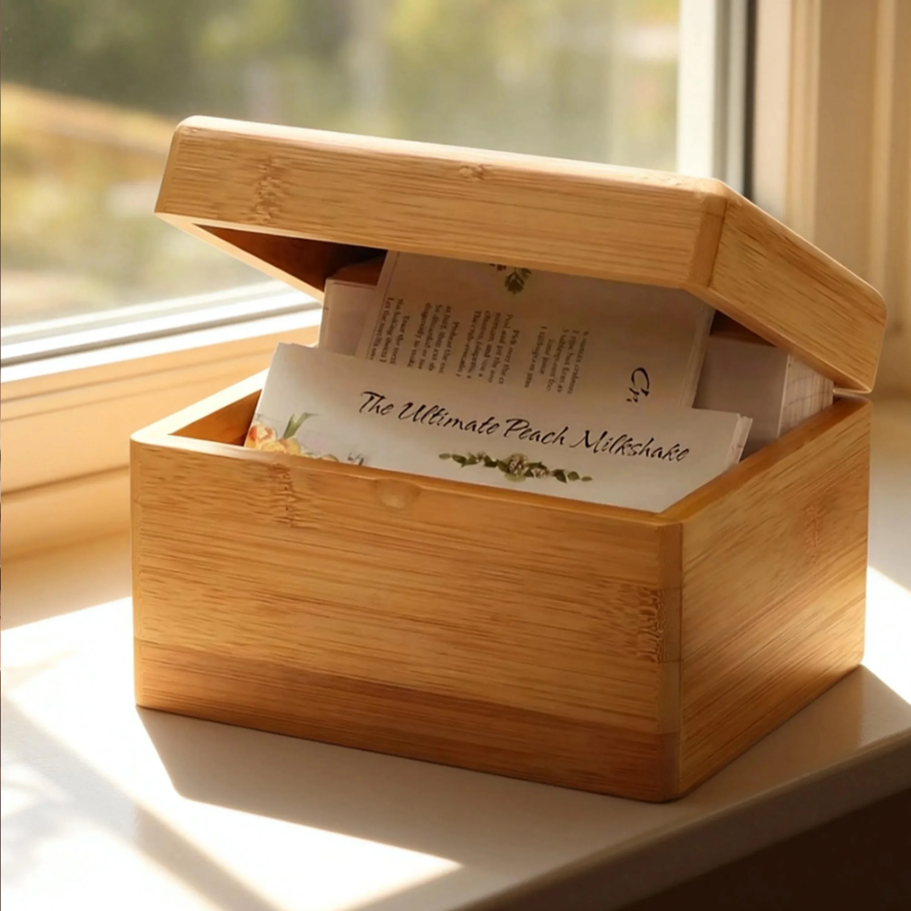 Bamboo Recipe Box with Lid Eco-Friendly Wooden Storage Box for Recipe Cards Note Card Multi-Purpose Kitchen Countertop Organizer