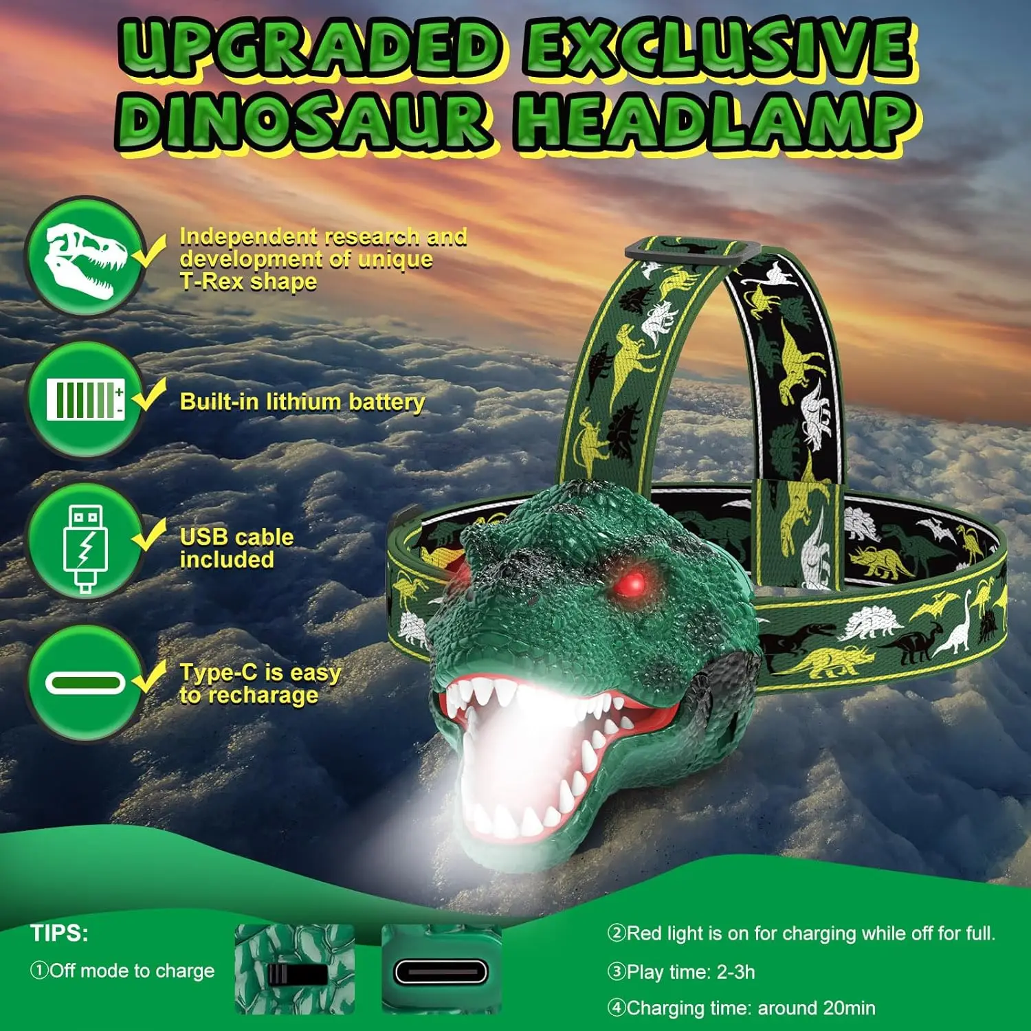 Dinosaur Flashlight Rechargeable Led Headlights Roar & Silent Mode Camping Gear Gifts for Boys Girls Adults Headlamp for Kids