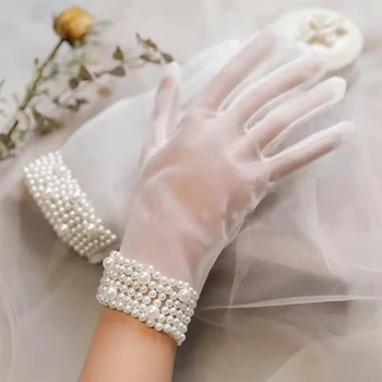 New Ivory Pearls Transparent Sexy Short Wedding Bridal Lady Girl Women Finger Gloves