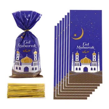 100pcs Eid Mubarak Gift Bags Plastic Candy Cookie Bag For Ramadan Kareem Decoration Islamic Muslim Party Supplies
