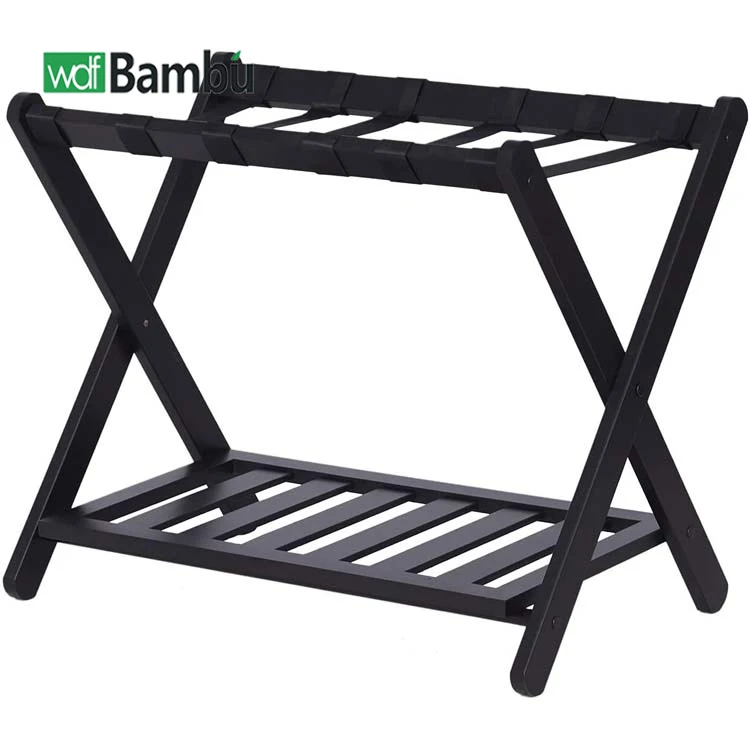WDF High Quality Wooden Folding Luggage Rack Travel Stand Collapsible Suitcase Bamboo Luggage Rack with Shoe Shelf